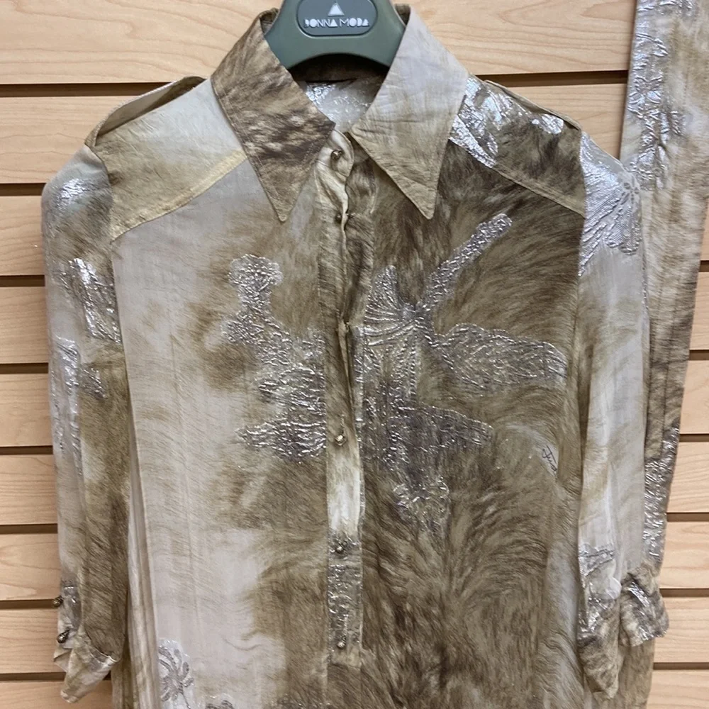 Just Cavalli Silver and Taupe Long Sleeve Ruffle-Hem Shirt Dress - Picture 2 of 11